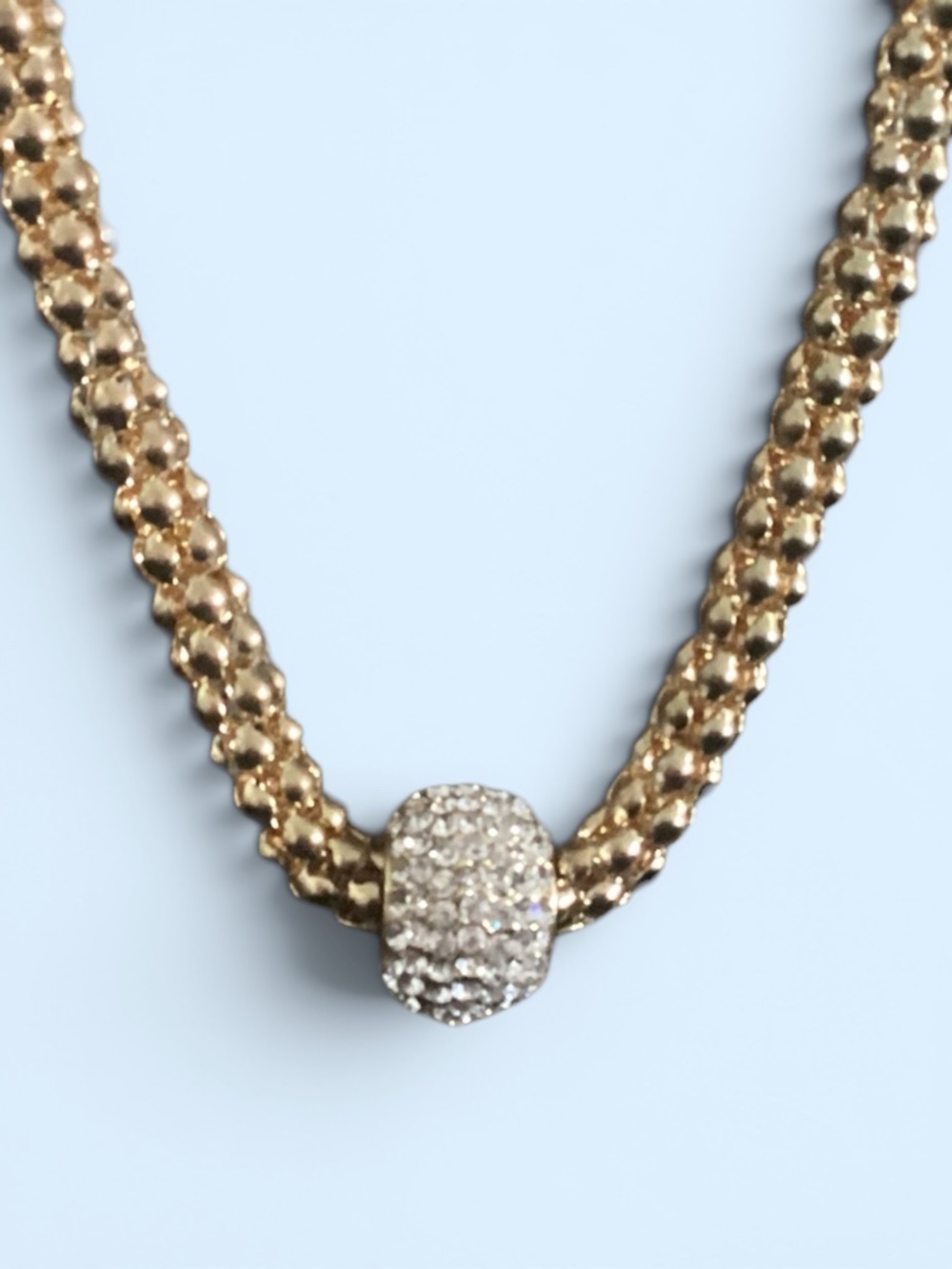Vintage Popcorn Chain Necklace With Crystal Charm